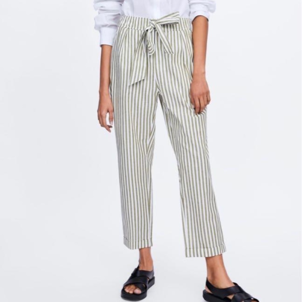 👖 Zara olive white striped linen pant with tie